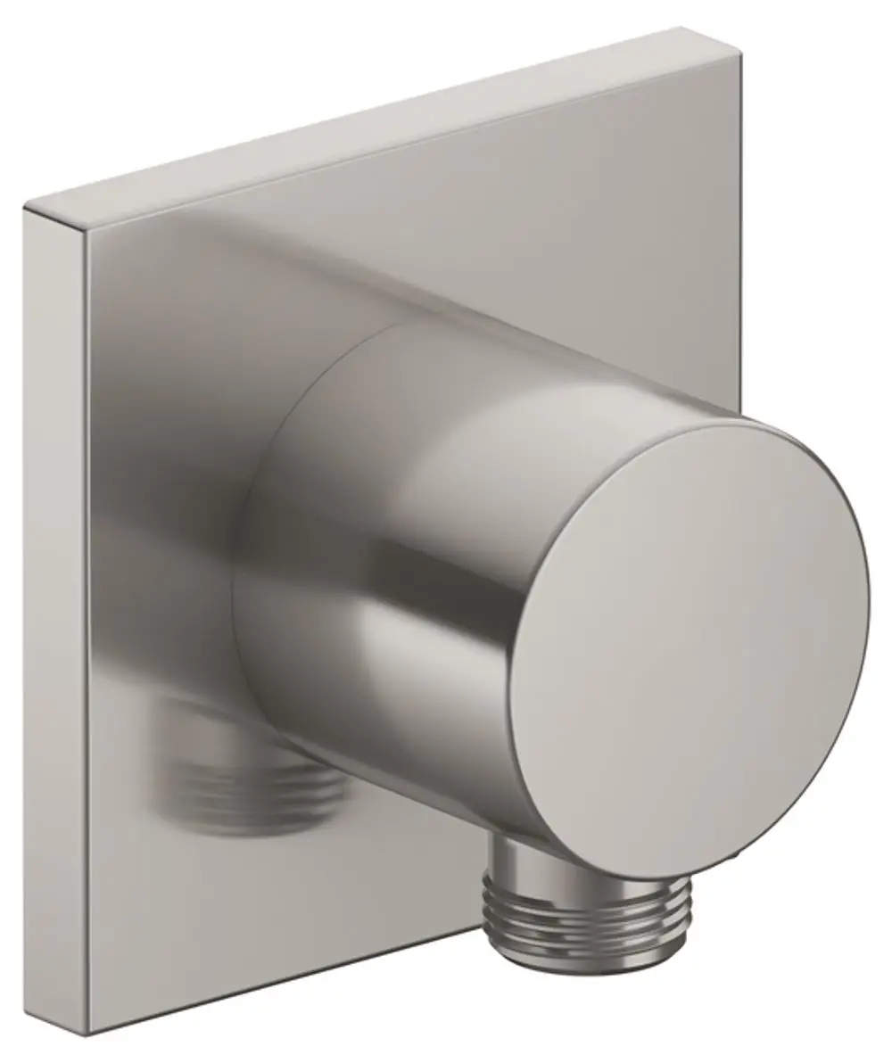 Schlauchanschluss von Keuco in eckiger Form, aus gebürstetem Nickel, mit einem zylindrischen Auslass und Gewindeanschluss, montiert an einer quadratischen Wandplatte.
